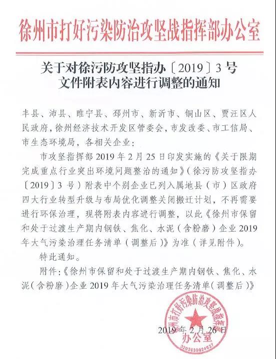 《徐州處于保留和過(guò)渡期內(nèi)鋼鐵、水泥、焦化企業(yè)2019年大氣污染治理任務(wù)清單》